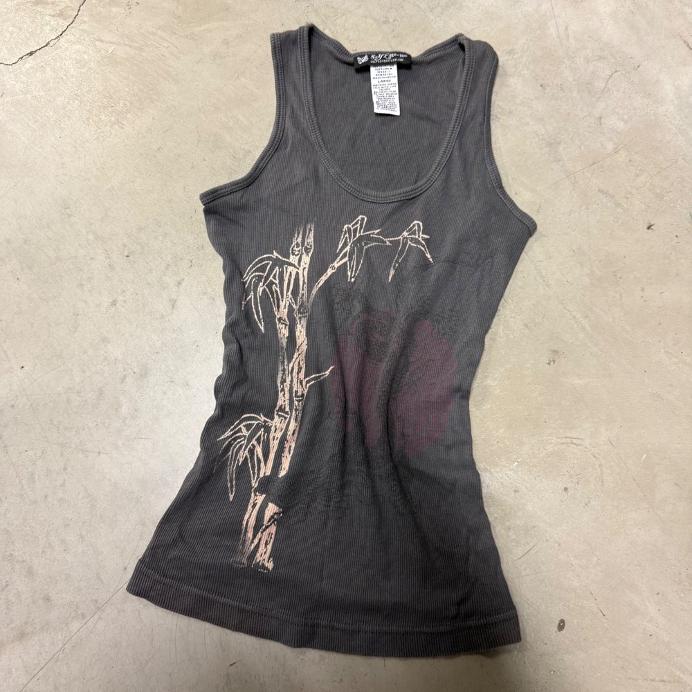 Self Esteem Womens Ribbed Tank Top Gray Bamboo Graphic Y2K Large 10433-1